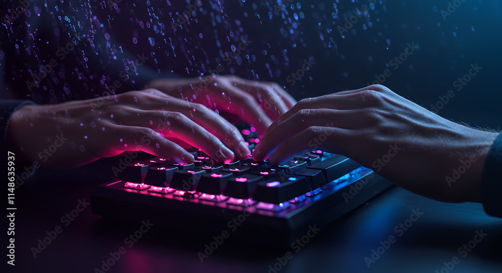 Wall mural illuminated hands typing on rgb keyboard digital data stream