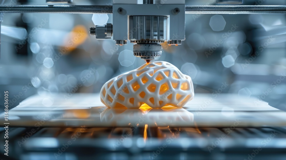 Poster Close-up of an industrial 3D printer in action, printing a mechanical part layer by layer.