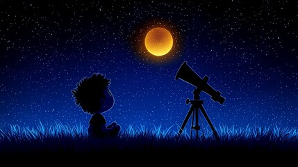 Boy stargazing with telescope under a large orange moon at night.