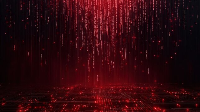 Digital rain of glowing red binary code falls against dark backdrop. Tech lines form futuristic pattern. Abstract data streams. Glowing matrix effect. Powerful visual representation of tech. Dynamic