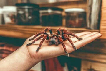 Large tarantula with fluffy legs resting on palm in a bright room