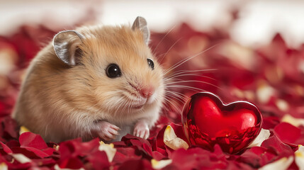 Hamster with Rose Petals and Heart for Valentine's Day