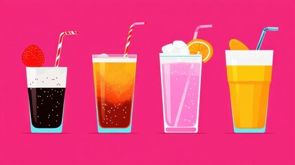Four refreshing summer drinks in tall glasses with straws and garnishes, including a cola, a tropical cocktail, a pink smoothie, and a fruit juice