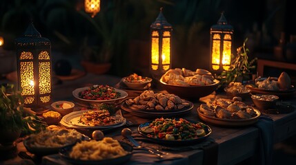 A Festive Nighttime Meal Underneath Lanterns