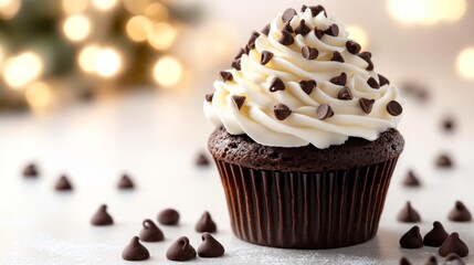 Chocolate cupcake with vanilla frosting and chocolate chips. (1)