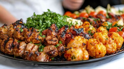 Fototapeta premium Platter of mixed grilled meat kebabs, including chicken shish taouk and beef skewers, served with fresh parsley salad and grilled vegetables.
