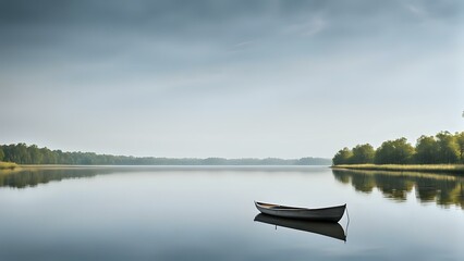 Obraz premium A tranquil boat floating on a serene river with calm waters and peaceful surroundings