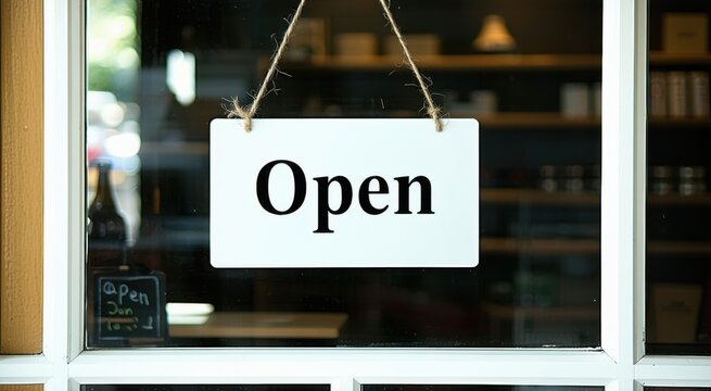 Sign hanging in a window that says open