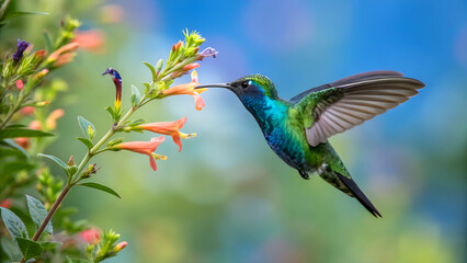 Fototapeta premium a beautiful hummingbird hunting nectar from the flower 