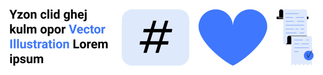 metadata tag, heart, documents, and text elements in blue and black. Ideal for social media, web design, digital marketing, content creation, branding, communication, and online services. Landing