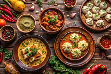 Aerial View: Delicious Georgian Feast of Khinkali, Kharcho & More on Rustic Wooden Table