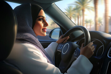 Confident Arab woman driving a car through a scenic urban road.