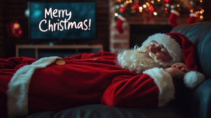 Obraz premium Man in Santa Claus costume is sleeping on the sofa opposite the TV is on with the text Merry Christmas!
