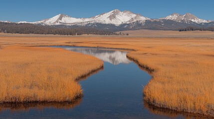 Calm stream meanders through autumnal marsh, reflecting snow-capped mountains under a clear blue sky.