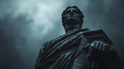 Obraz premium Monumental Stone Figure Under a Cloudy Sky: A Low-Angle Perspective