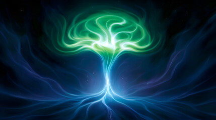 A vibrant, abstract representation of a tree emitting green and blue light, symbolizing growth and harmony.
