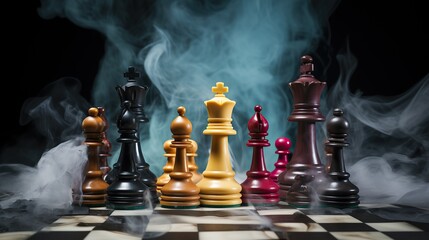 Chess Pieces in a Smoky Setting