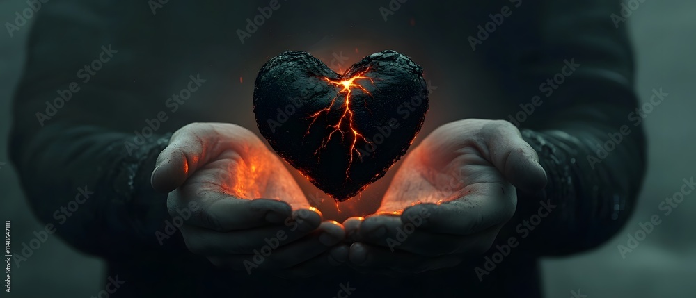 Aufkleber fiery heart in hands symbolizing passion and emotion, portraying contrast between darkness and light