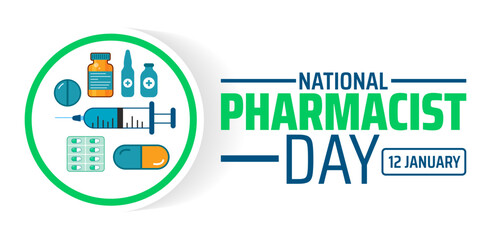 Fototapeta premium National Pharmacist day background banner or poster design template. observed every year in January. Holiday concept. Use to any Template, card, poster, placard, template.