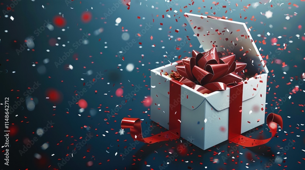 Poster an open gift box with a red ribbon, confetti flying out of it on a dark blue background, vector illu