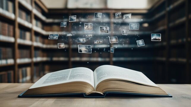Open book in library setting. Digital media merging with old book concept. Photos float around open book. Virtual books, media merging tech with storytelling in library. Education, learning concept.