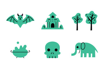 A green and white image of a variety of cartoonish creatures, including a bat