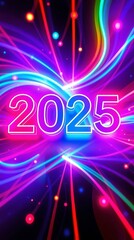 A vibrant cell phone wallpaper for the New Year 2025, featuring colorful fireworks and bold typography against a dark background, creating a festive and celebratory atmosphere.