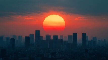 City skyline silhouetted against a large, vibrant sunset.