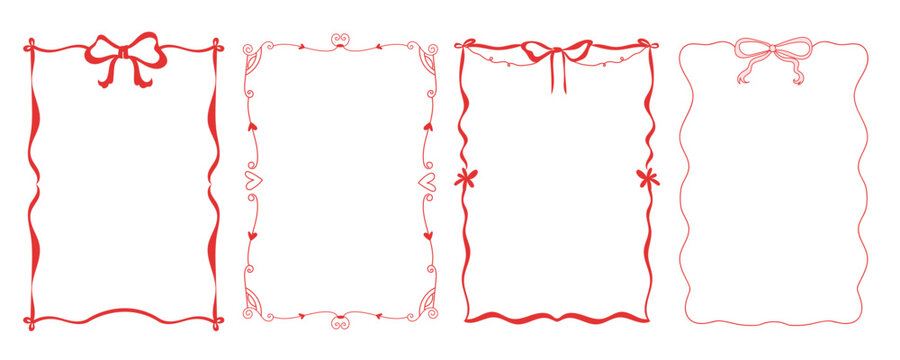 Set of doodle hand drawn trendy frames with wavy lines, bows and ribbons. Minimalist cute line art. Modern whimsical borders for wedding invitations, birthday cards, lunch, holiday illustration