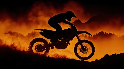 Fototapeta premium Motocross rider silhouette jumping over fiery landscape.