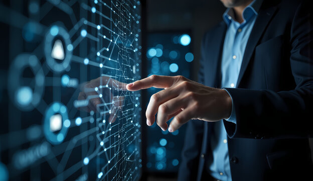 Tech Professional man Engaging with Futuristic 3 dimension  Data Network Interface with hand and fingers