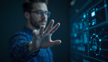 Tech Visionary man spread hand and Engaging with Futuristic Data Interface