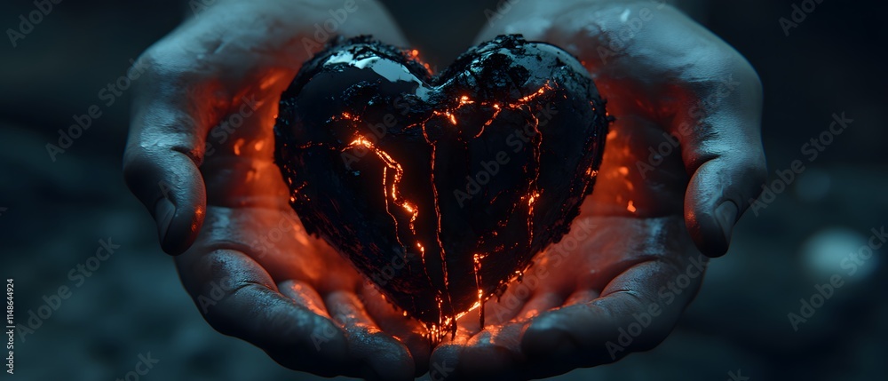 Poster a unique heart shaped lava rock held in hands symbolizing passion, love, and emotion with a fiery gl
