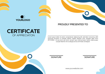 Big waves with colorful blue and yellow certificate template