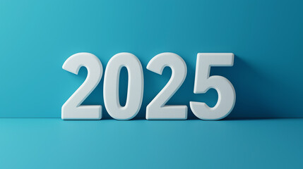 Minimalist 3D Render of the Year 2025 in White Against a Solid Blue Background, Representing the Upcoming Year