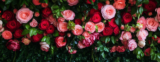 Red and pink roses background, red and white rose wall. Valentine's Day floral background with red roses