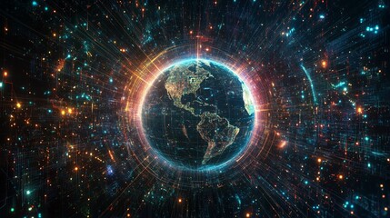 Obraz premium A digital representation of Earth surrounded by vibrant cosmic energy.