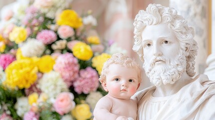 Marble statue of St. Joseph holding baby Jesus, flowers in background.