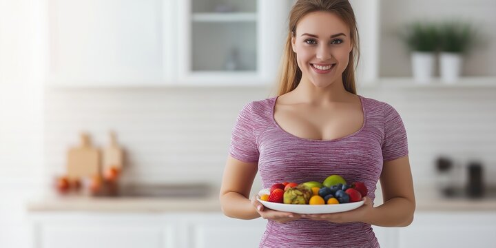 In a bright kitchen, a confident woman holds a vibrant plate of fresh, colorful fruits, symbolizing her commitment to healthy eating, meal planning, and successful weight loss strategies