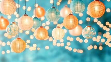 A vibrant display of colorful lanterns hanging against a soft blue backdrop, creating a whimsical and festive atmosphere for celebrations and gatherings.