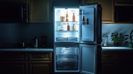 Obraz premium Brightly lit refrigerator in a cozy kitchen at night showcasing various drinks