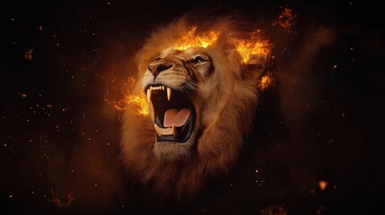 Naklejka premium Majestic lion roars fiercely. Fiery mane ablaze in night sky. Power, strength symbolic of nature wild beast. Lion king image. Courage, ferocity symbolized. Epic adventure. Untamed spirit. Lion symbol