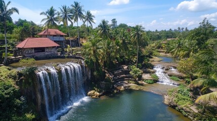 Fototapeta premium Tropical Waterfall Scene With Rustic House