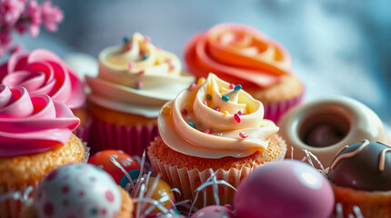 Delicious Easter-themed cupcakes and cookies with colorful eggs and treats
