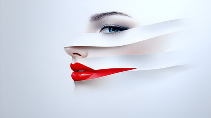 Obraz premium A stylized close-up of a woman's face with bold red lips and captivating blue eyes, set against a minimalistic white background.