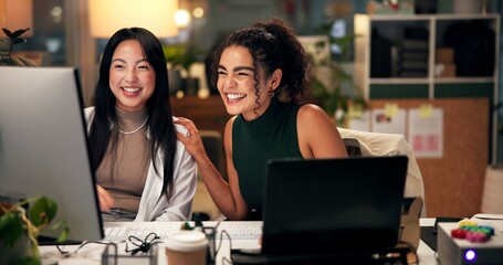 Employees, computer and collaboration in office at night, magazine editor and manager for helping....