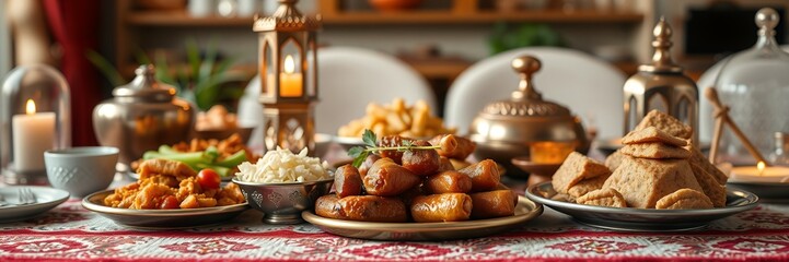 Delicious Ramadan Feast Table Setting Golden Dishes Sweet Treats