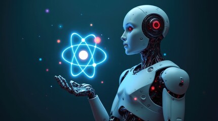Futuristic Robot with Luminous Atomic Symbol
