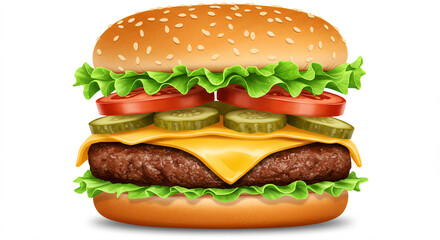 A detailed hamburger with lettuce, tomato, pickles, cheese, and a beef patty.