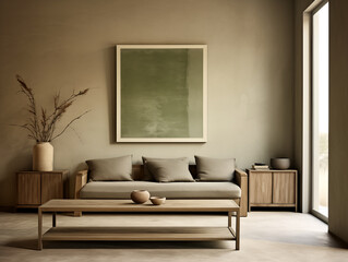 Japandi and wabi sabi style living room with stucco textured walls, light sofa and rustic statement pottery